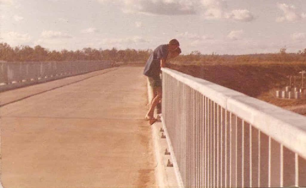 Jo’s father Bob Connolly and a friend on the bridge at the dam the very first time the water went over the spillway in February, 1974. Jo’s father Bob Connolly and a friend on the bridge at the dam the very first time the water went over the spillway in February, 1974.